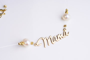 Necklace MAMA +pearl + 4 Beads 2.5mm - 14ct Gold