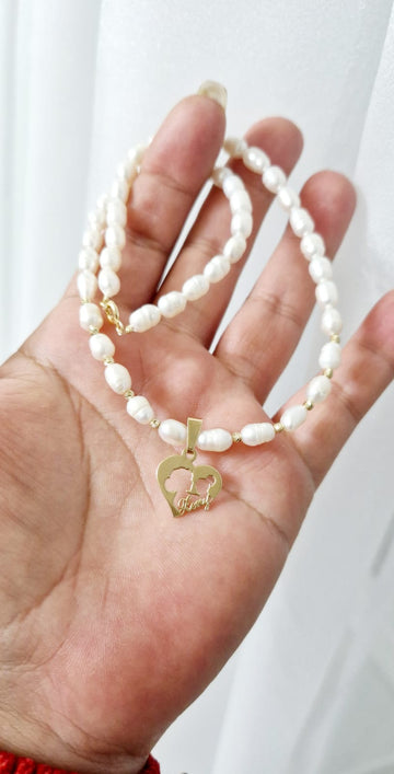Natural Pearl Necklace Perf Heart Mom/Baby +10 Beads 2.5mm - 14ct Gold