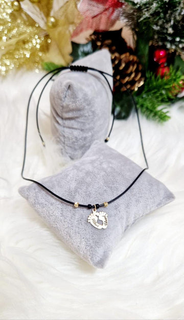 Black Cord Necklace Engraved Little Feet +4 Beads 3mm - 14ct Gold