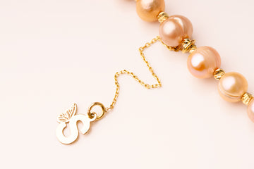 Natural Pearl Necklace and floating initial on chain +10 Beads 2.5mm - 14ct Gold