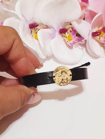 Photo-engraving on 17mm coin on leather - 14ct Gold