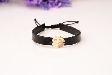 Photo-engraving on 15mm coin + photo on leather - 14ct Gold