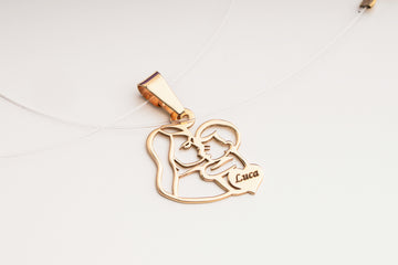 Transparent necklace with mother-child figure, engraved heart - 14k gold