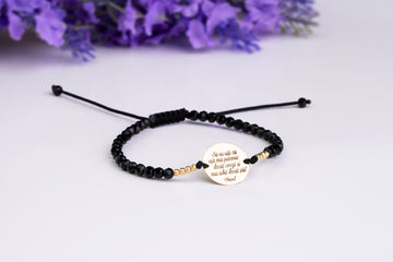 17mm engraved coin +8 beads 2.5mm + black beads - 14ct Gold