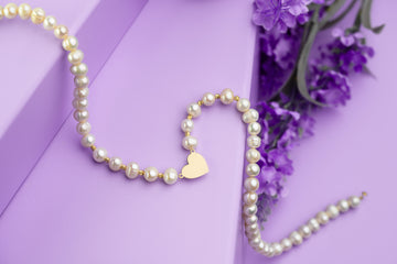 Natural Pearl Necklace Heart +10 Beads 2.5mm - 14ct Gold