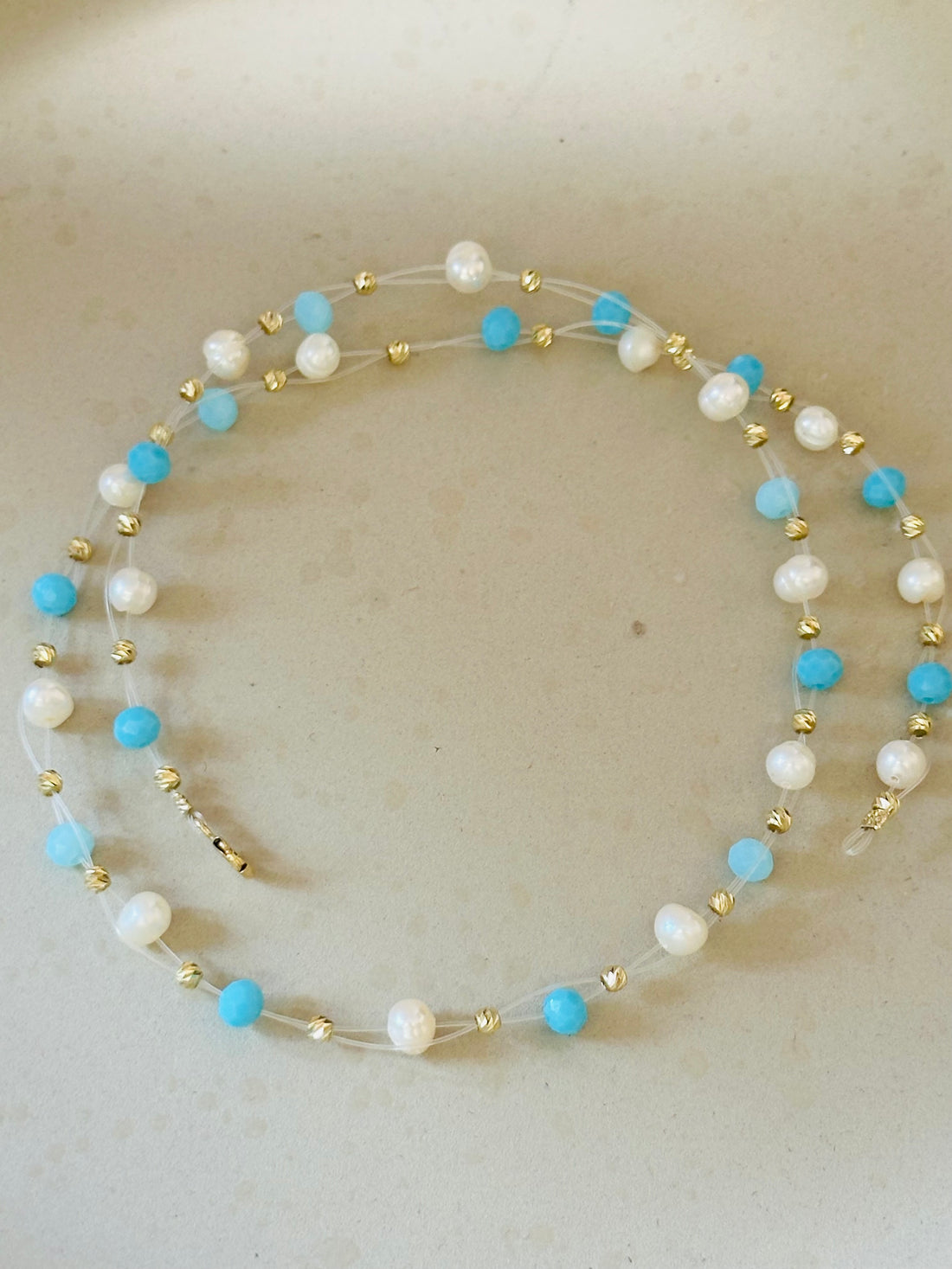 Necklace +33 beads 2.5mm +pearls+crystal -14k Gold