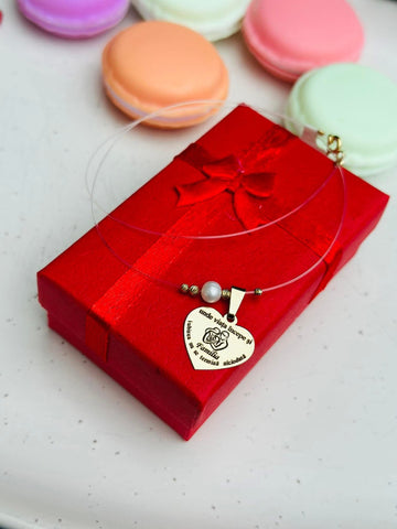 17mm heart family pendant on transparent necklace - 14ct gold