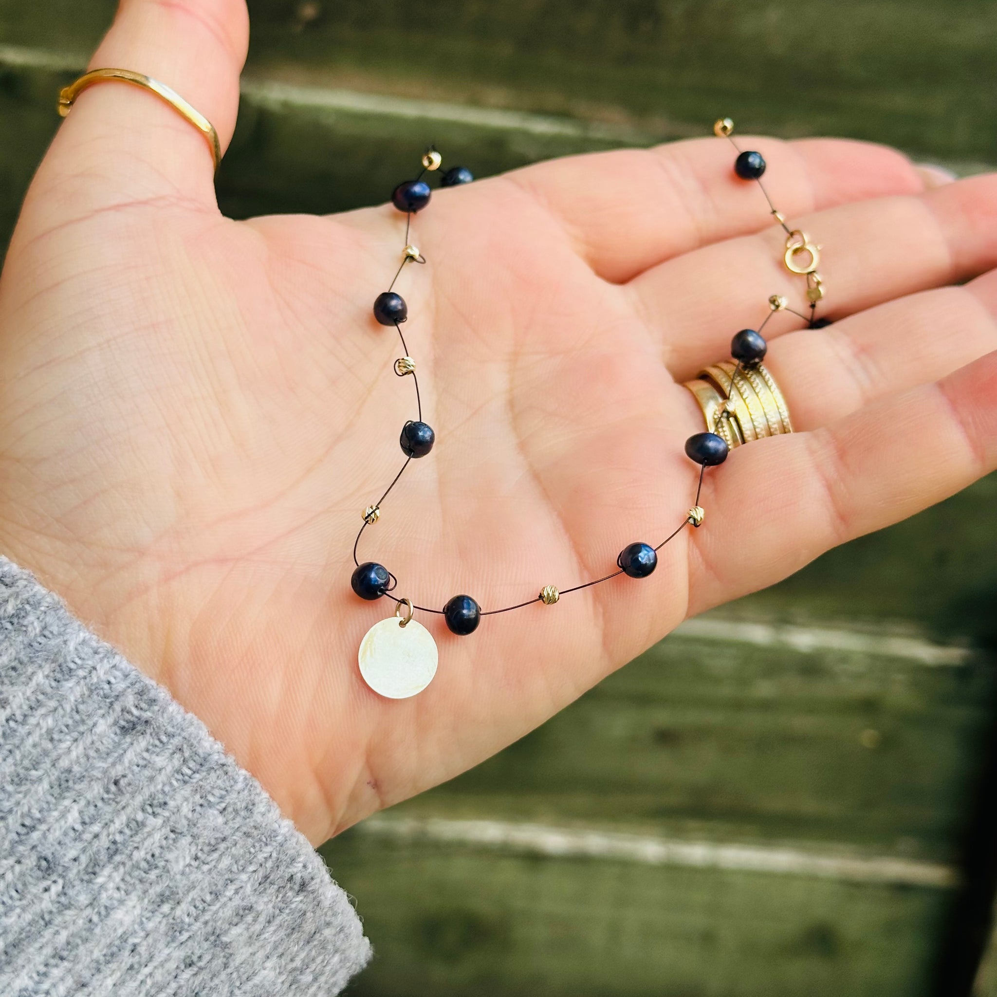 Black pearl necklace + coin pendant +beads 2.5mm - 14k gold 40 cm