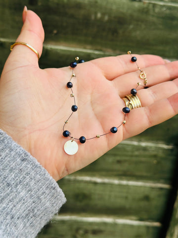 Black pearl necklace + coin pendant +beads 2.5mm - 14k gold 40 cm