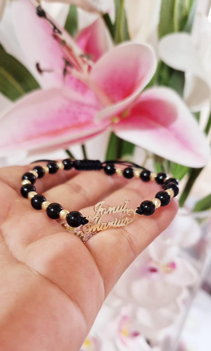 NAME DOUBLE bracelet +10 beads 3mm + black beads - 14ct Gold