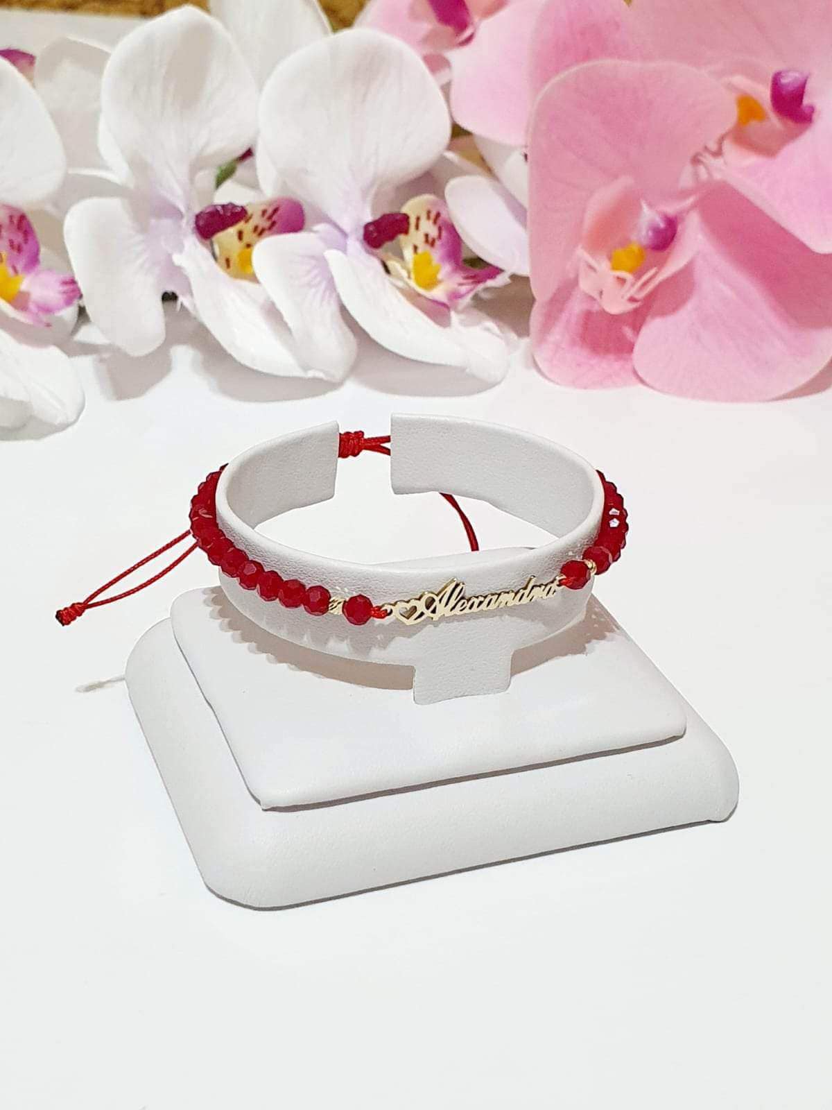 NAME bracelet + 2 beads 2.5mm + colored crystals - 14ct Gold