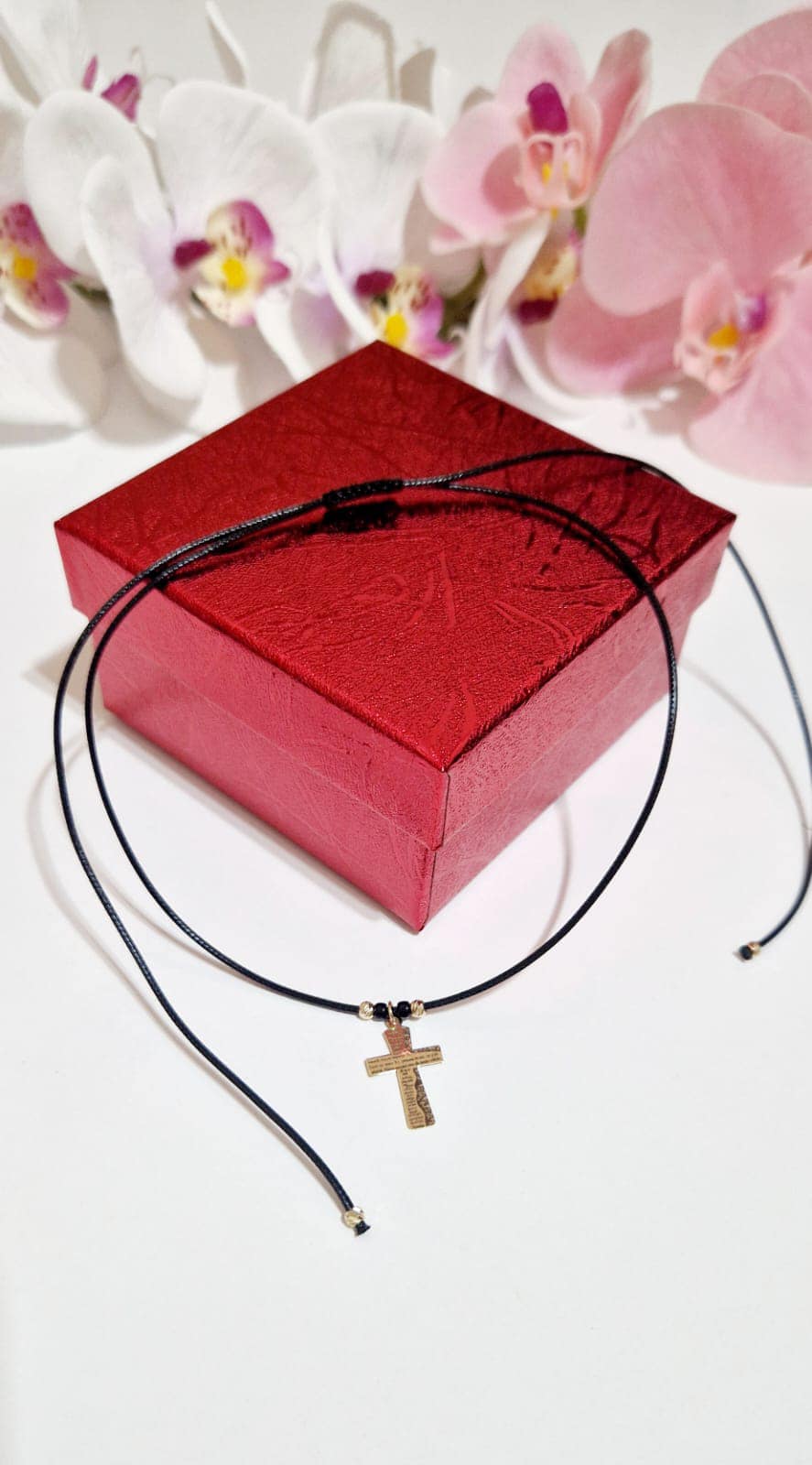 Black Cord Necklace Our Father Cross +4 Beads 3mm - 14ct Gold