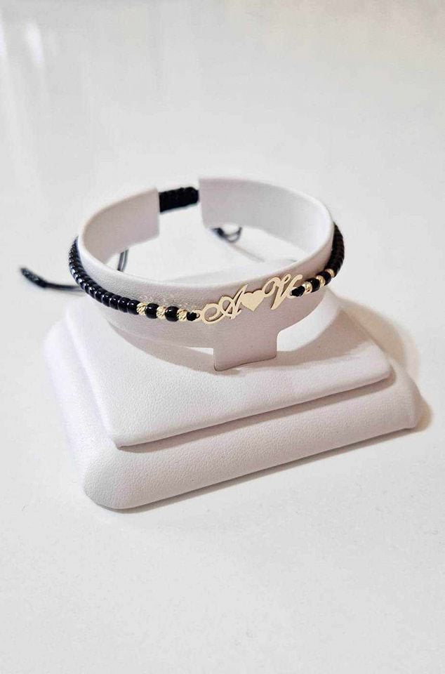 Double initial bracelet + 6 beads 2.5mm - 14ct Gold