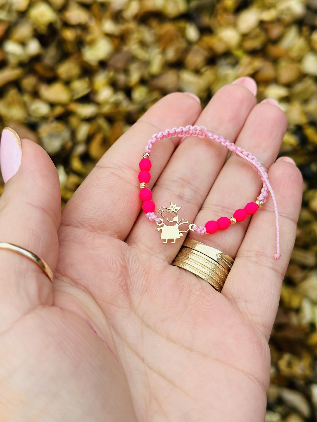 Full Peppa Pig bracelet +4 beads 2.5mm + colored beads - 14ct Gold