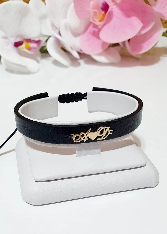 Double initial bracelet on leather - 14ct Gold