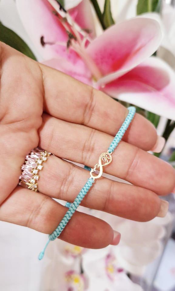 Infinity initial bracelet on knotted cord - 14ct Gold