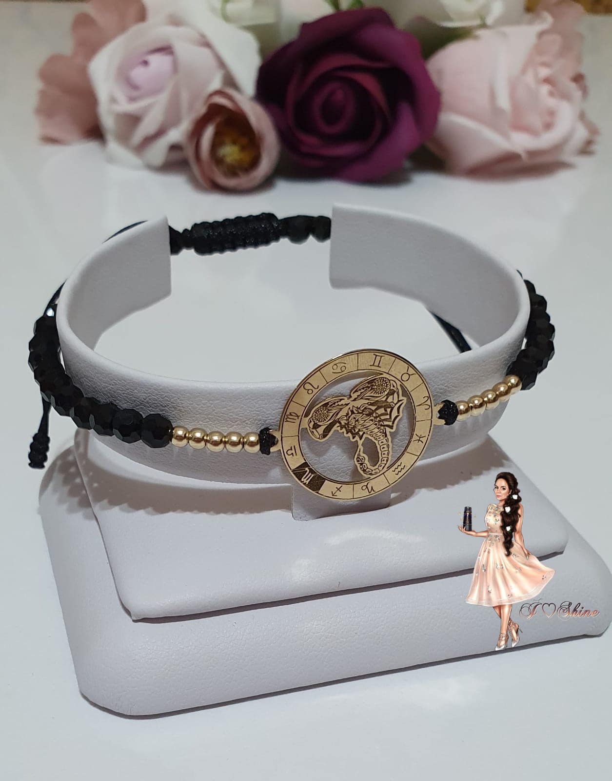 Zodiac Coin Bracelet 17mm +10 beads 2.5mm+colored beads