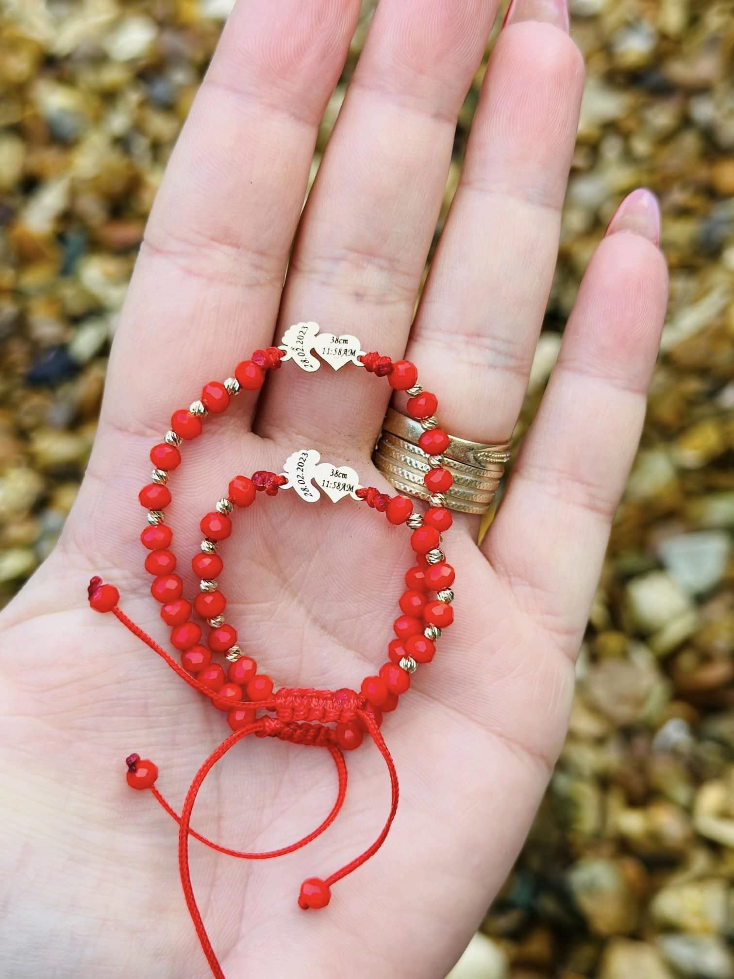 Engraved heart footprint bracelet +10 beads 2.5mm + colored beads - 14ct Gold
