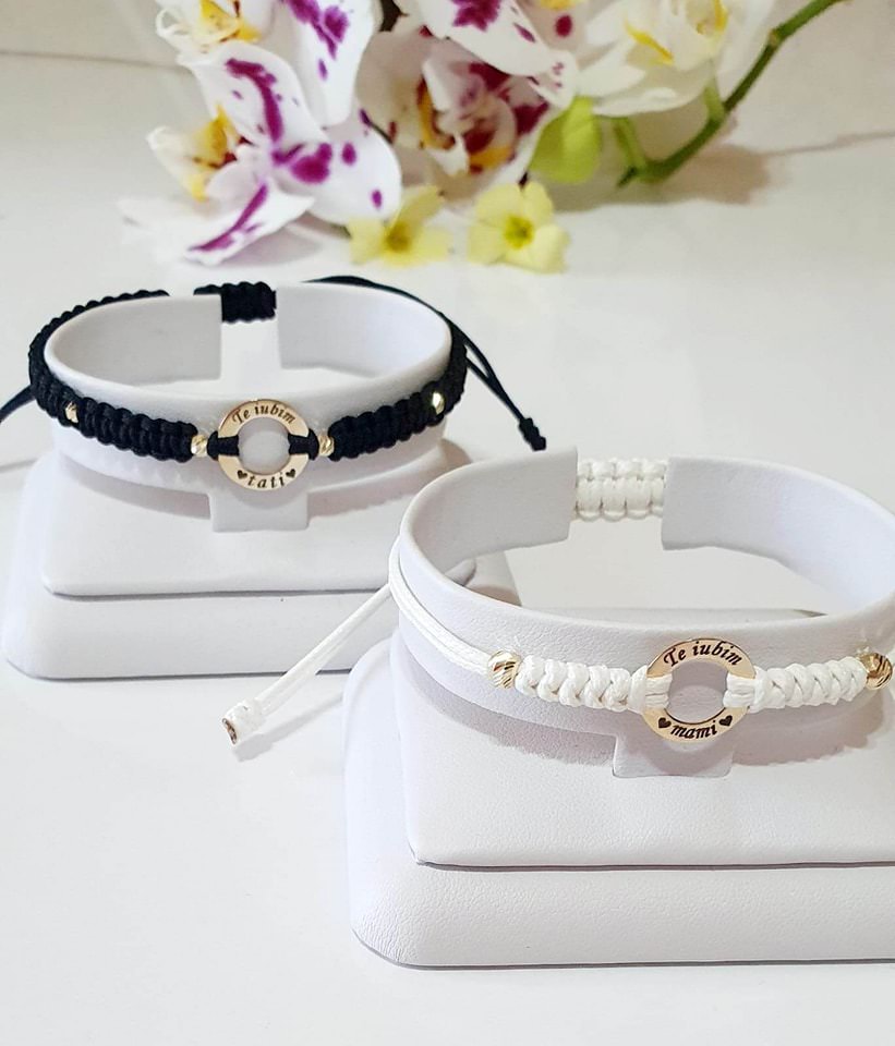 Engraved disc braided bracelet +4 beads 2.5mm - 14ct Gold