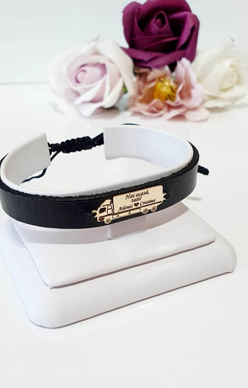 Leather engraved pull bracelet - 14ct Gold
