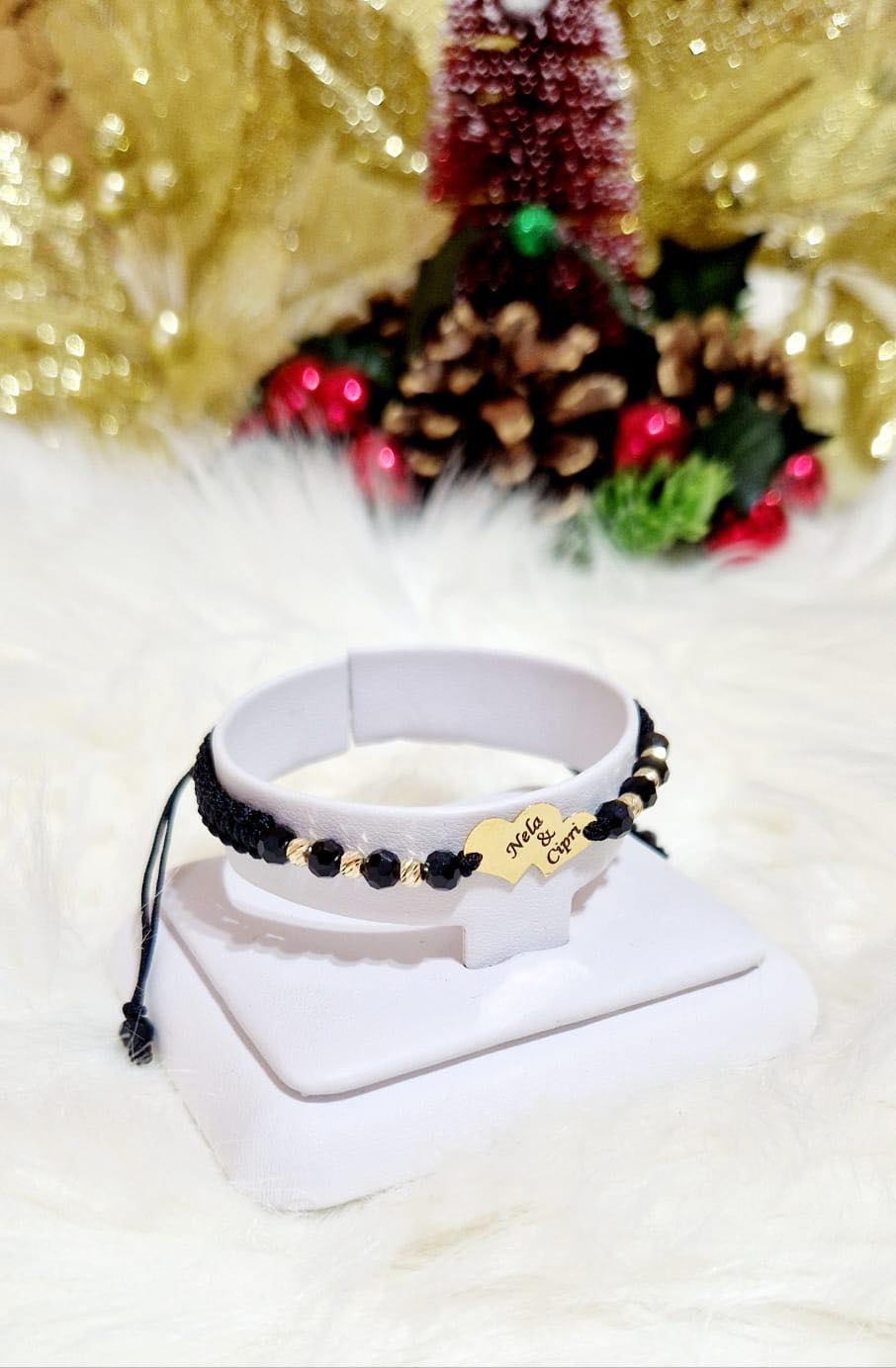 Solid engraved double heart bracelet +6 beads 2.5mm