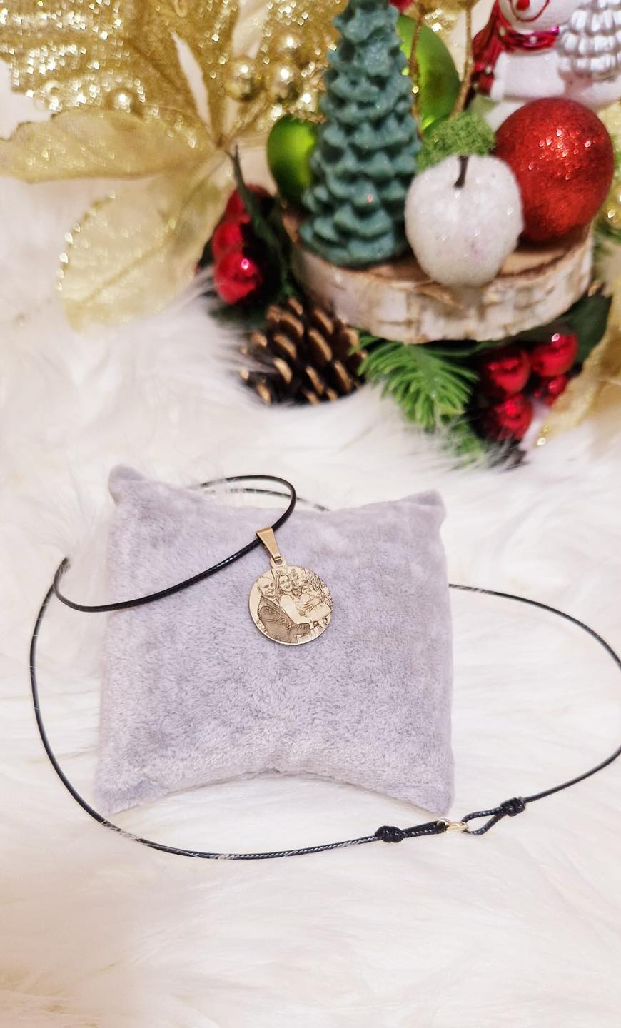 Black Cord Necklace 20mm Picture Coin - 14ct Gold