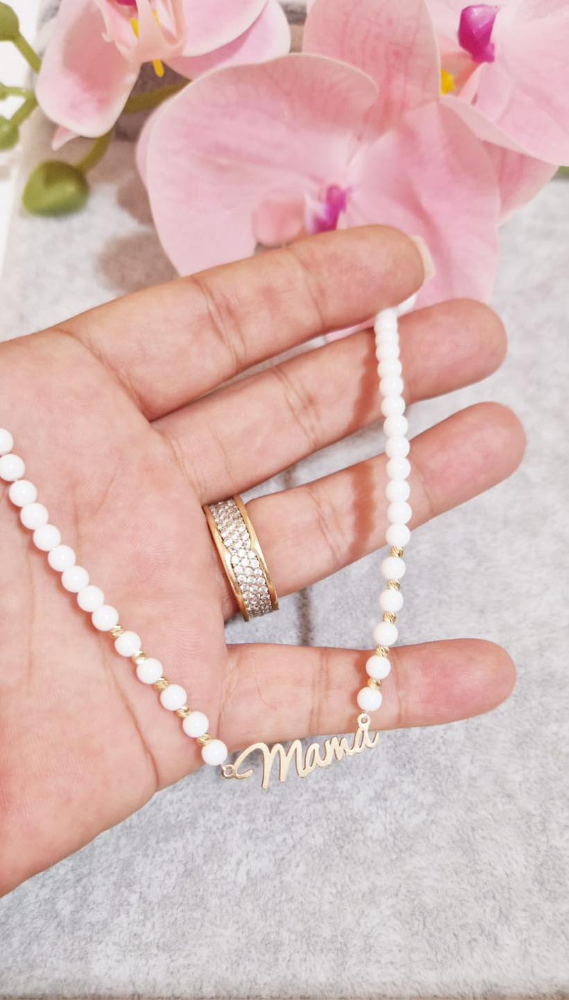 White Bead Necklace MAMA +10 Beads 2.5mm