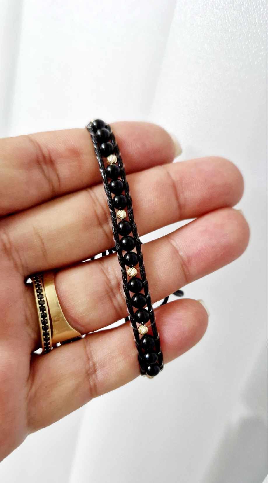Black Marbles Bracelet +9 beads 3mm Gold - 14ct Gold