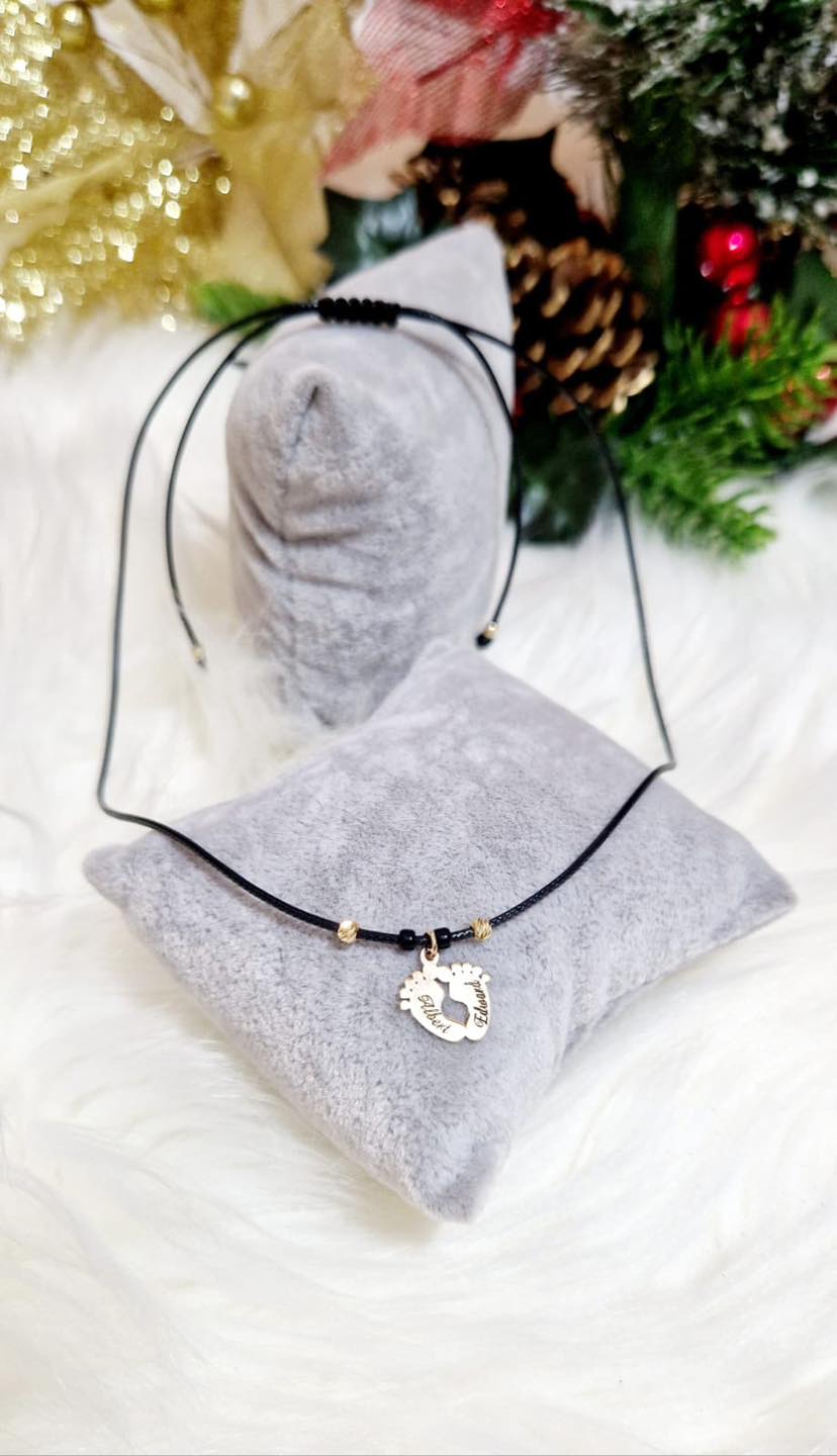 Black Cord Necklace Engraved Little Feet +4 Beads 3mm - 14ct Gold