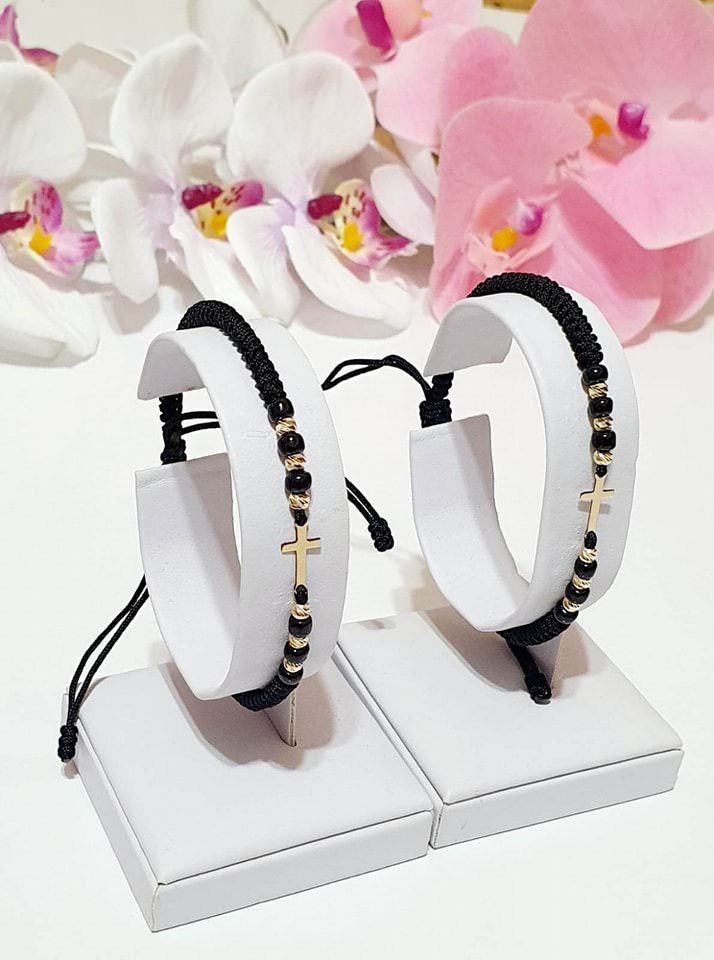 Medium cross bracelet +6 beads 2.5mm - 14ct Gold