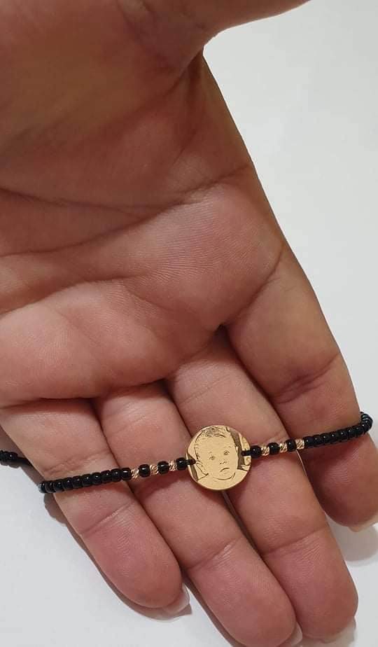 Photo-engraving on 15mm coin +6 beads 2.5mm - 14ct Gold