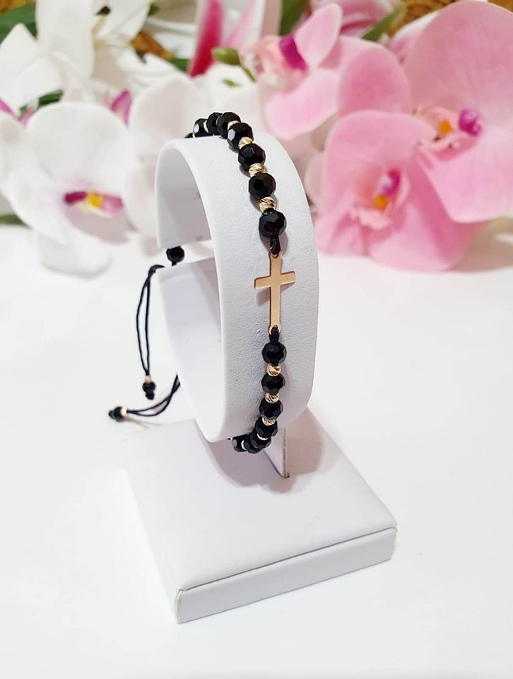 Medium cross bracelet +20 beads 2.5mm + black beads - 14ct Gold