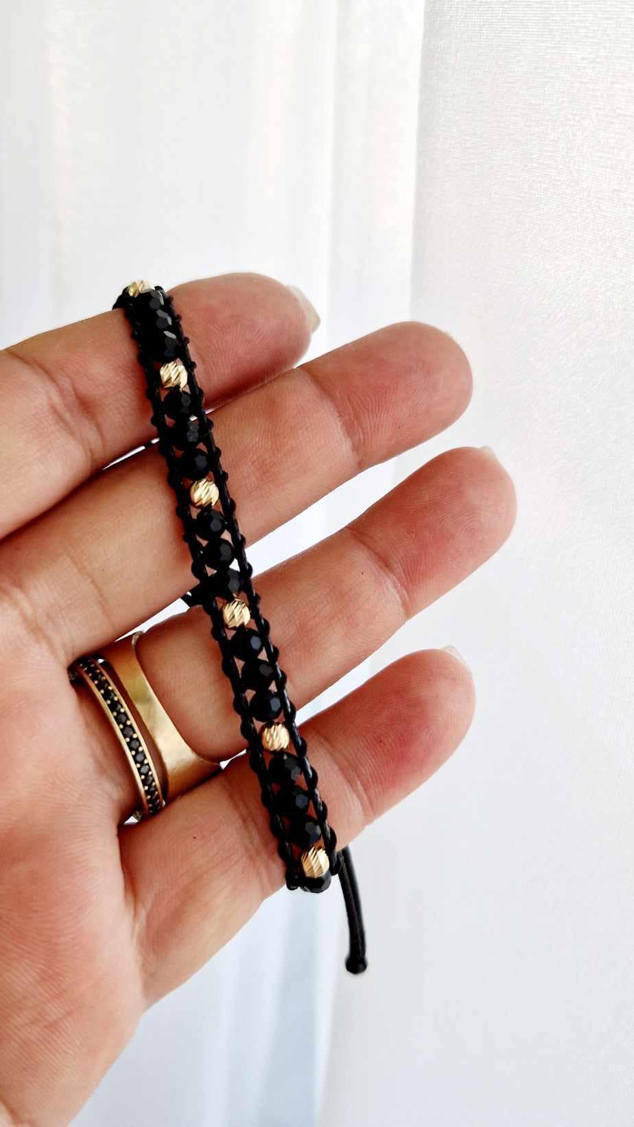 Black Crystals Bracelet +9 beads 4mm Gold - 14ct Gold