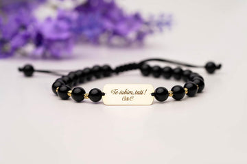 Plate 22/10 engraved + 6 beads 2,5mm + round black beads - 14ct Gold