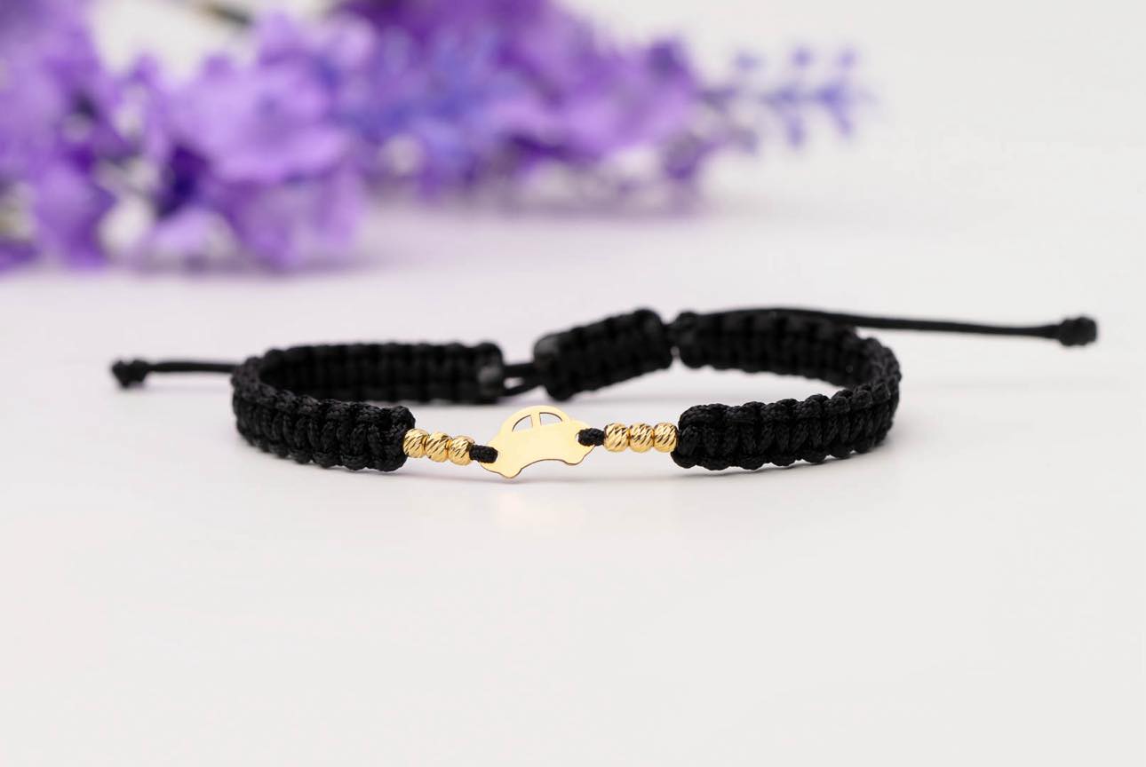 Engraved car bracelet +6 beads 2.5mm - 14ct Gold