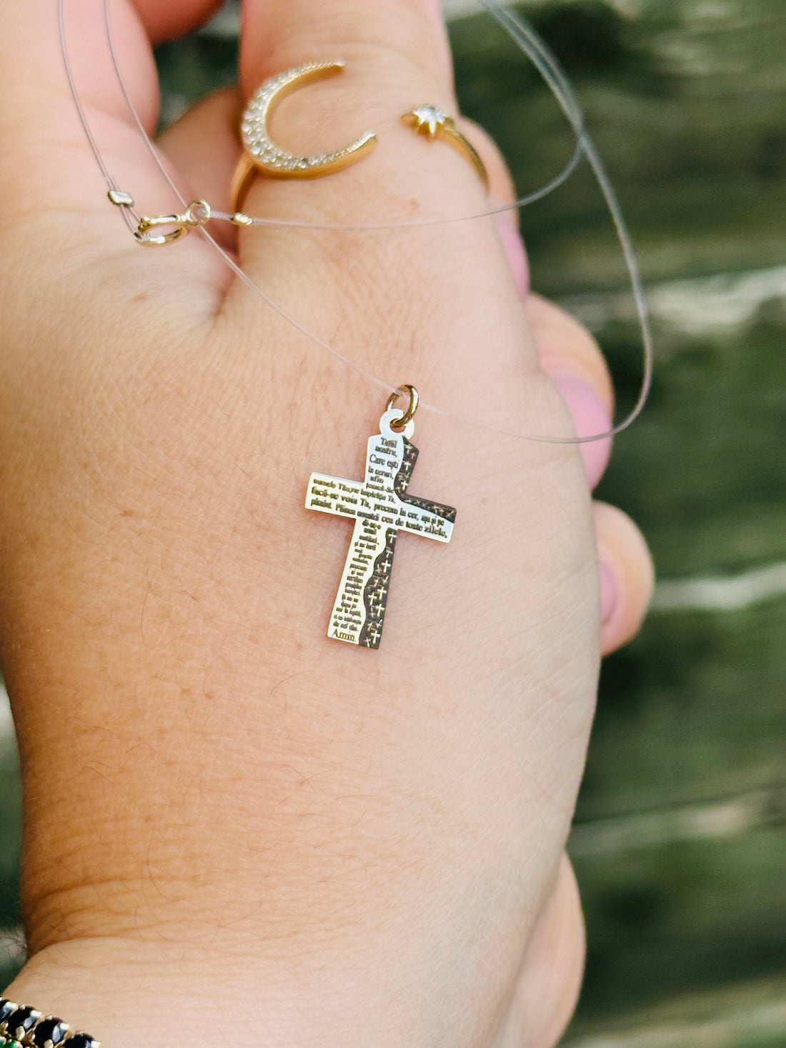 Transparent Necklace “Holy Father” Cross pendant -14k Gold
