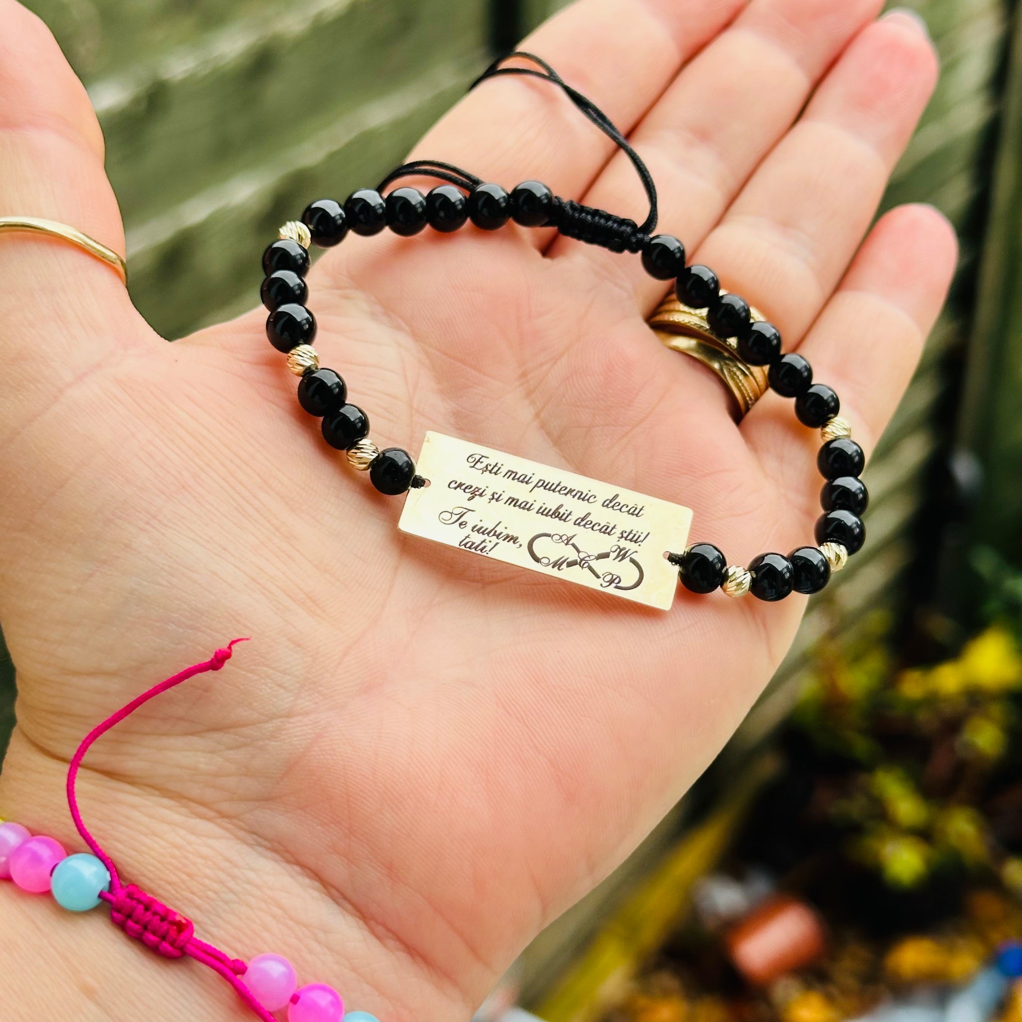 Plate 35/15 engraved +6 beads 4mm -14 k gold