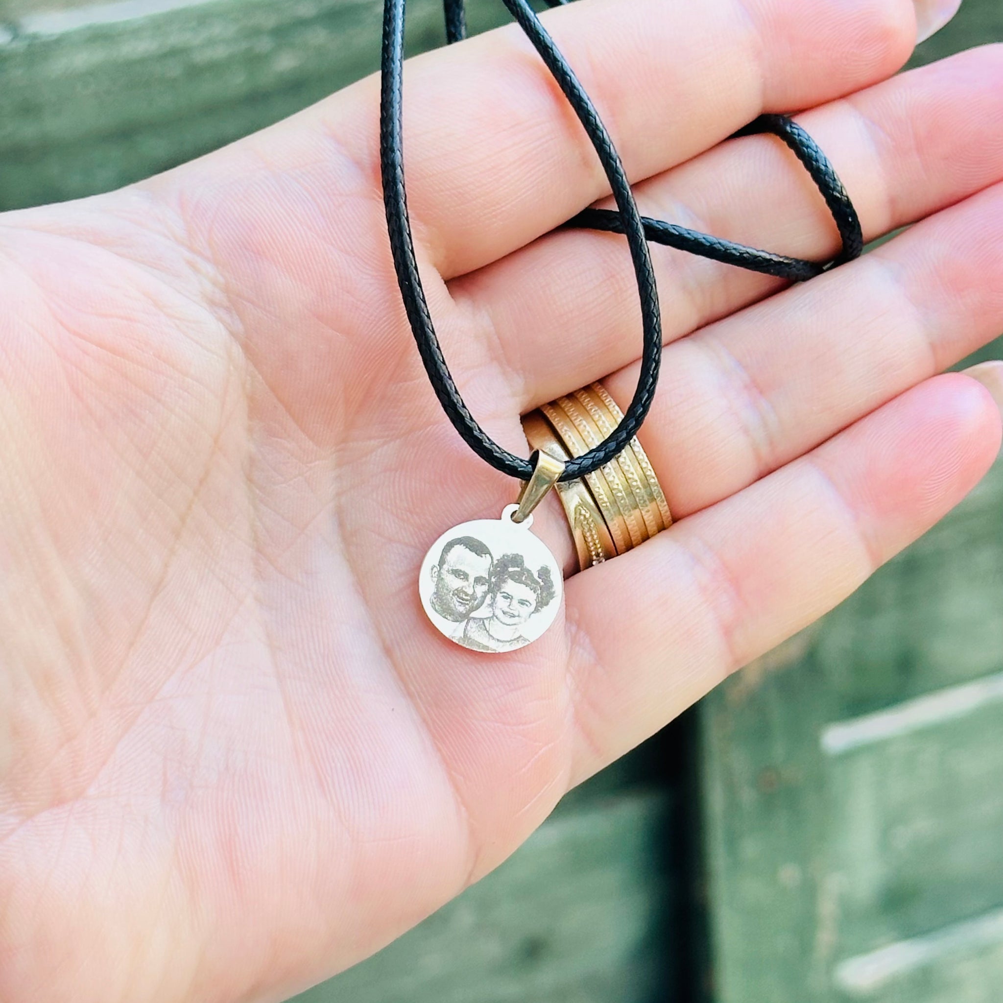 Black Cord Necklace 15mm Engraved Coin - 14ct Gold