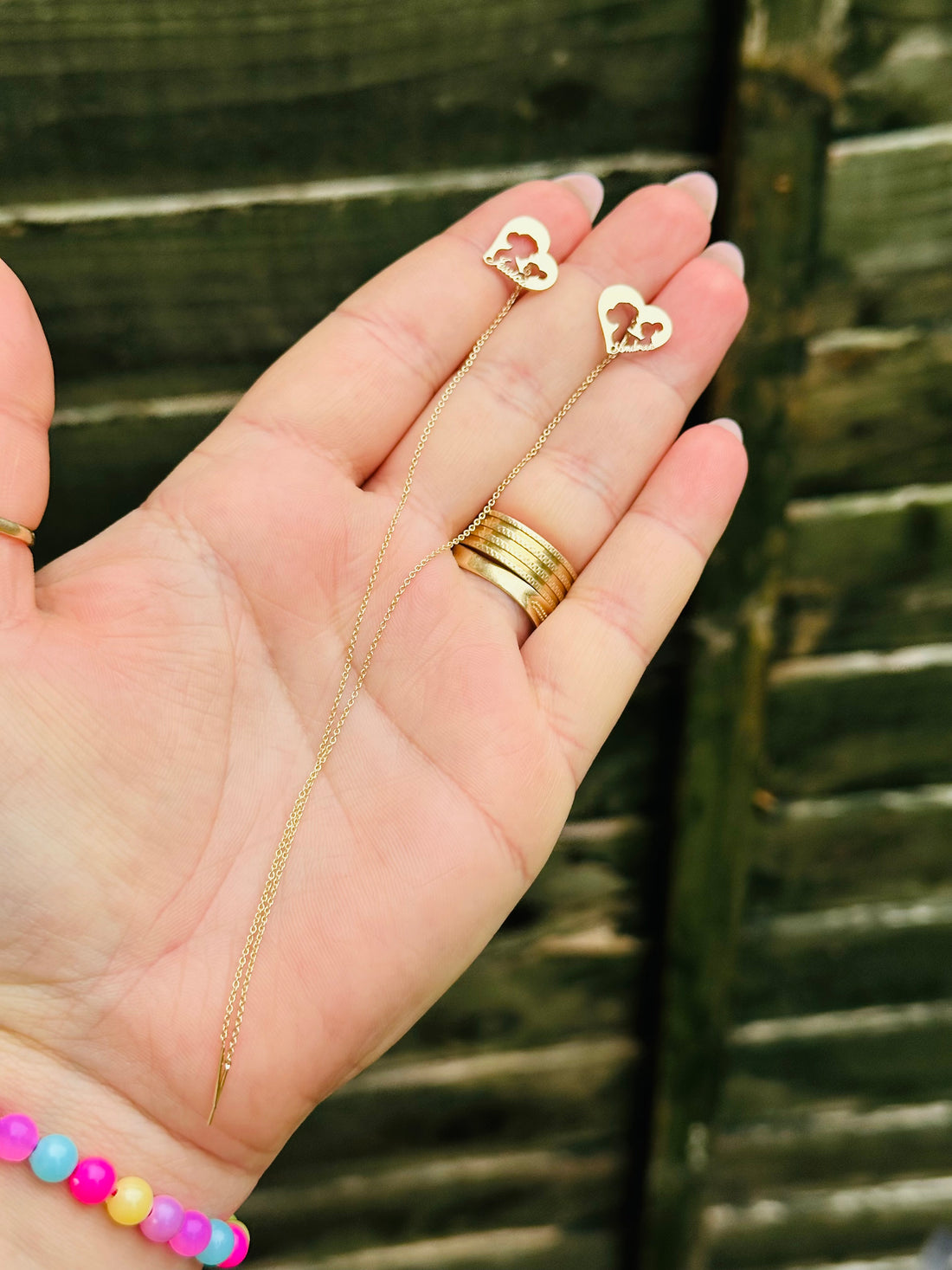 Perfect heart mom baby earrings with name and 15 cm chain - 14ct Gold