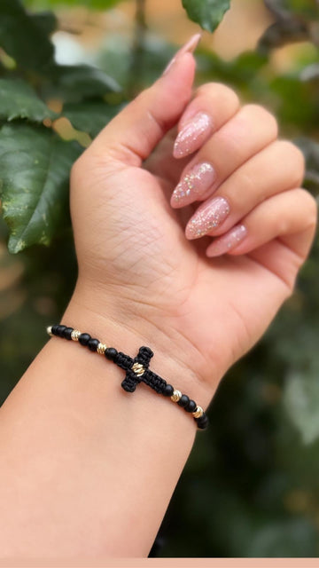 Cross bracelet +13 beads 4mm - 14ct gold