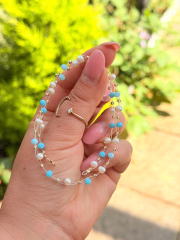 Necklace +33 beads 2.5mm +pearls+crystal -14k Gold