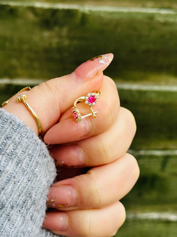 Baby earrings pink stone - 14 ct gold