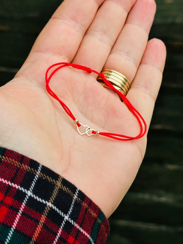 Double heart bracelet +2 beads 2.5mm- 14ct gold