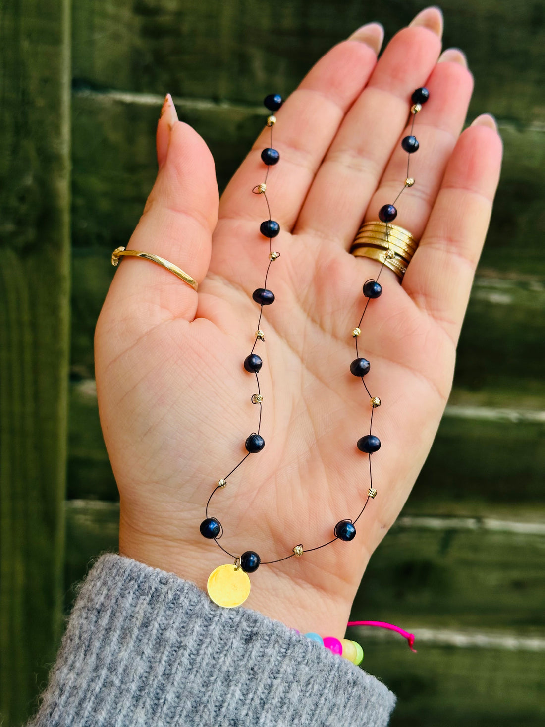 Black pearl necklace + coin pendant +beads 2.5mm - 14k gold 40 cm