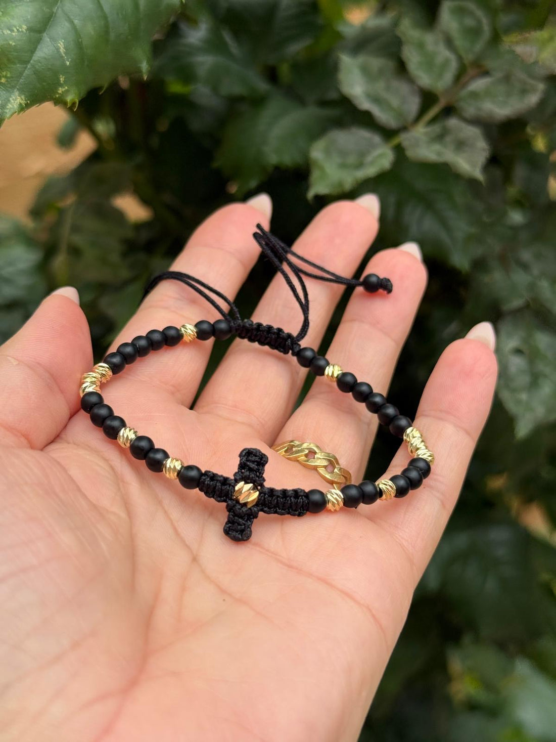 Cross bracelet +13 beads 4mm - 14ct gold