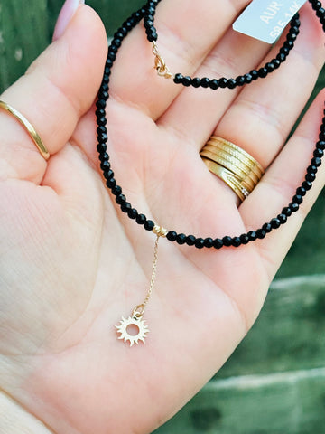 Crystal necklace + 2 beads 2.5mm + Sun floating pendant - 14 ct gold