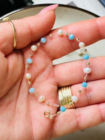 Bracelet+15 beads 2.5mm+pearls+crystal -14k Gold