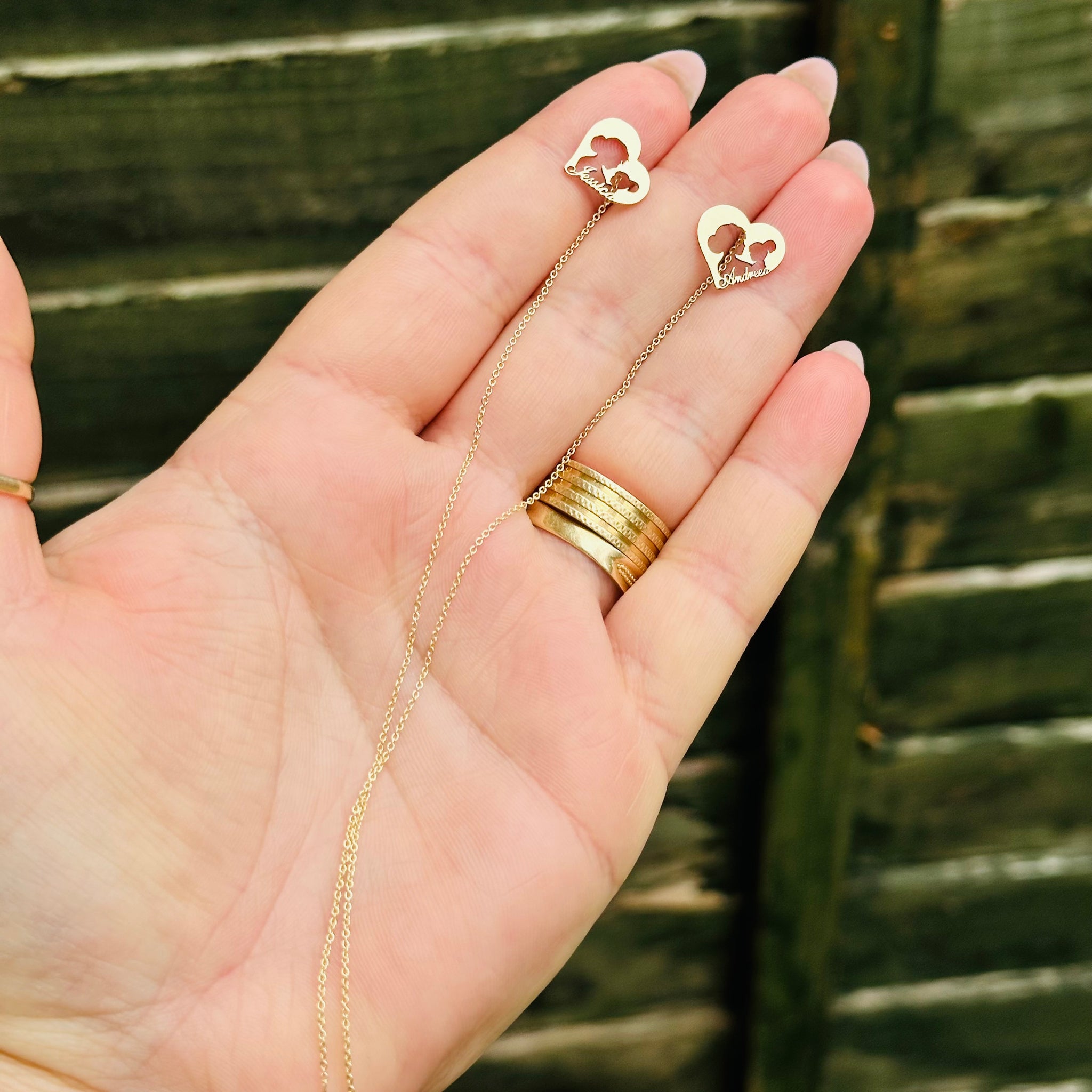 Perfect heart mom baby earrings with name and 15 cm chain - 14ct Gold