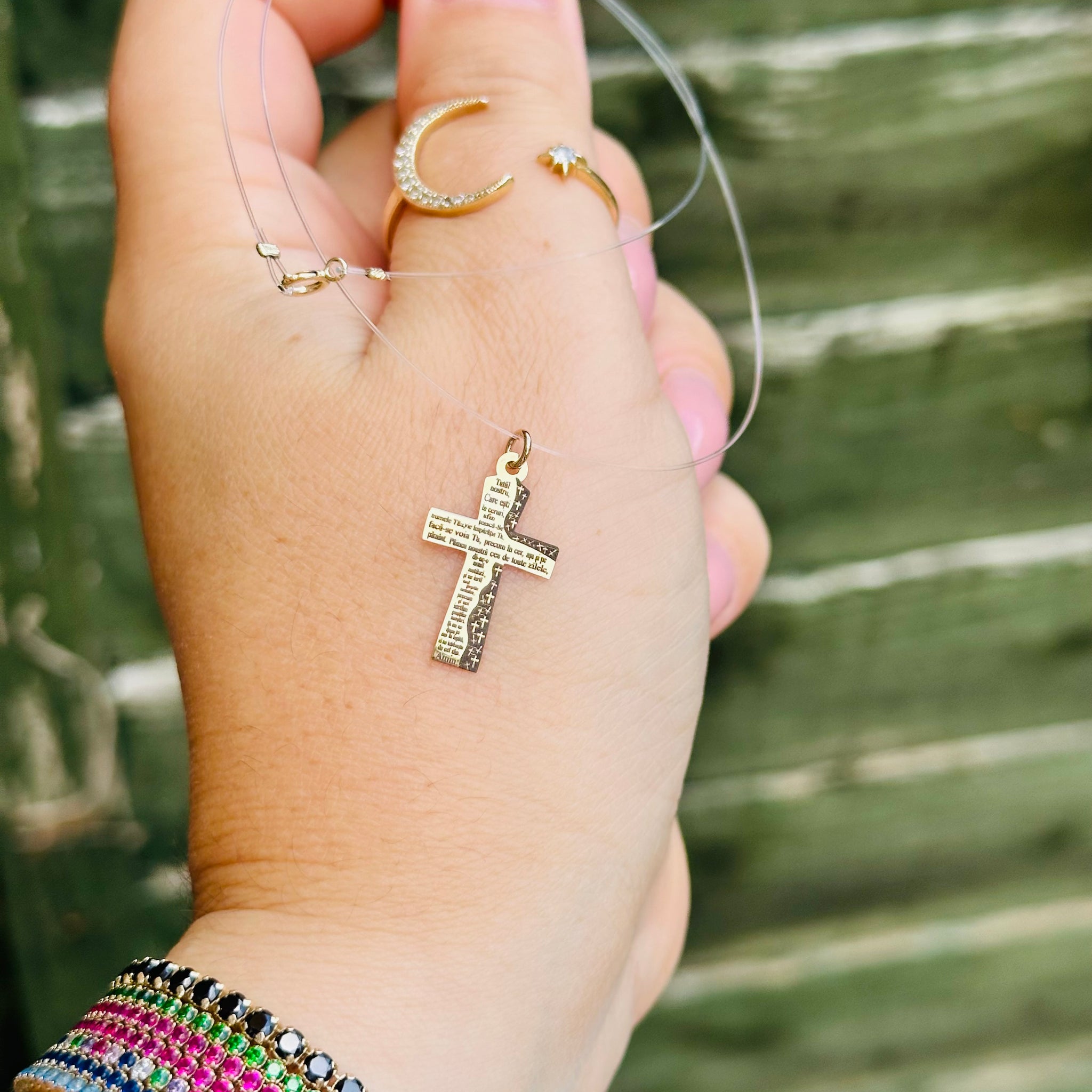 Transparent Necklace “Holy Father” Cross pendant -14k Gold