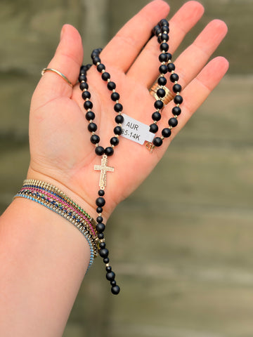 Rosary- 67 beads 2.5mm+ cross-14ct gold 50cm